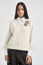 Gilet donna Abilene con ricamo a mano panna L6WC12 A08 LIVIANA CONTI 