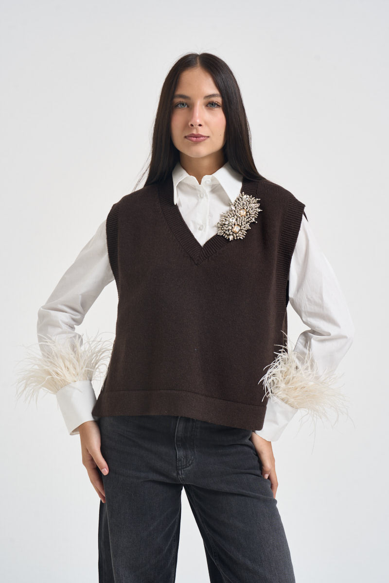 Gilet donna Abilene con ricamo a mano marrone L6WC12 W18 LIVIANA CONTI 