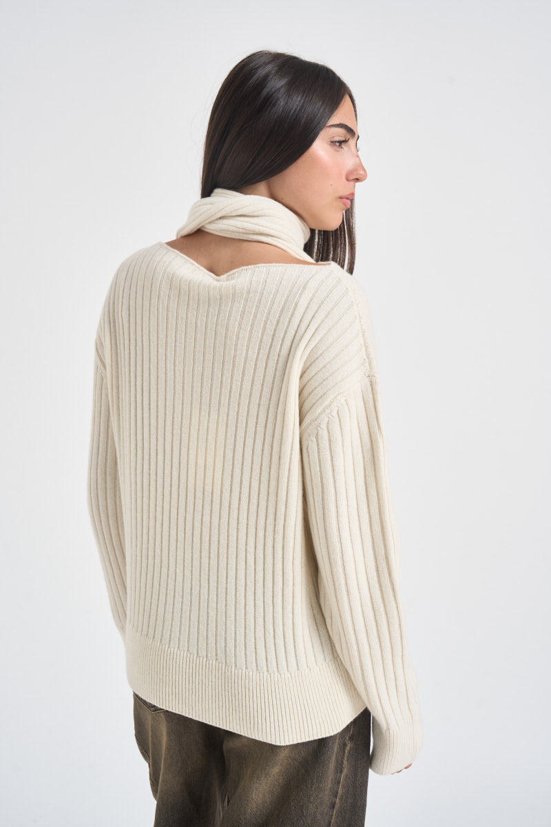 Maglia donna in maglia con sciarpa panna L6WC62 A18 LIVIANA CONTI 
