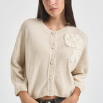 Cardigan donna ricamo con fiore panna L6WC72 W55 LIVIANA CONTI 