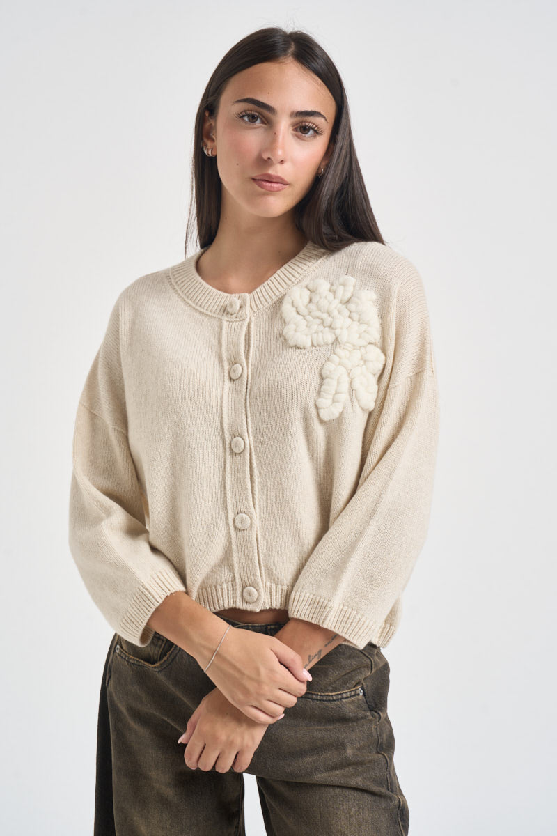 Cardigan donna ricamo con fiore panna L6WC72 W55 LIVIANA CONTI 