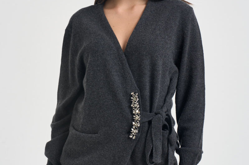 Cardigan donna incrociato con pietre antracite L6WC76 Y49 LIVIANA CONTI 