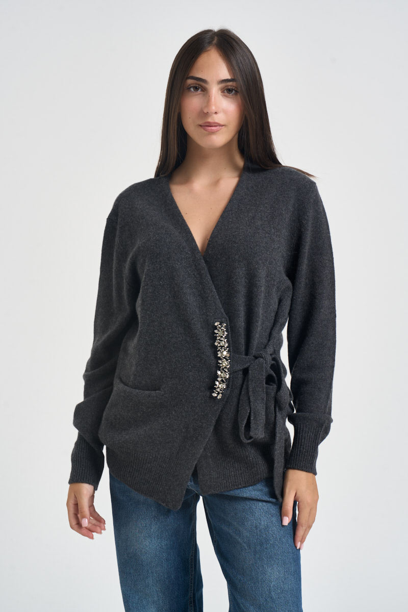 Cardigan donna incrociato con pietre antracite L6WC76 Y49 LIVIANA CONTI 