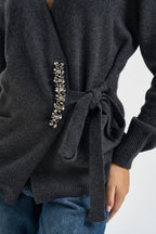 Cardigan donna incrociato con pietre antracite L6WC76 Y49 LIVIANA CONTI 