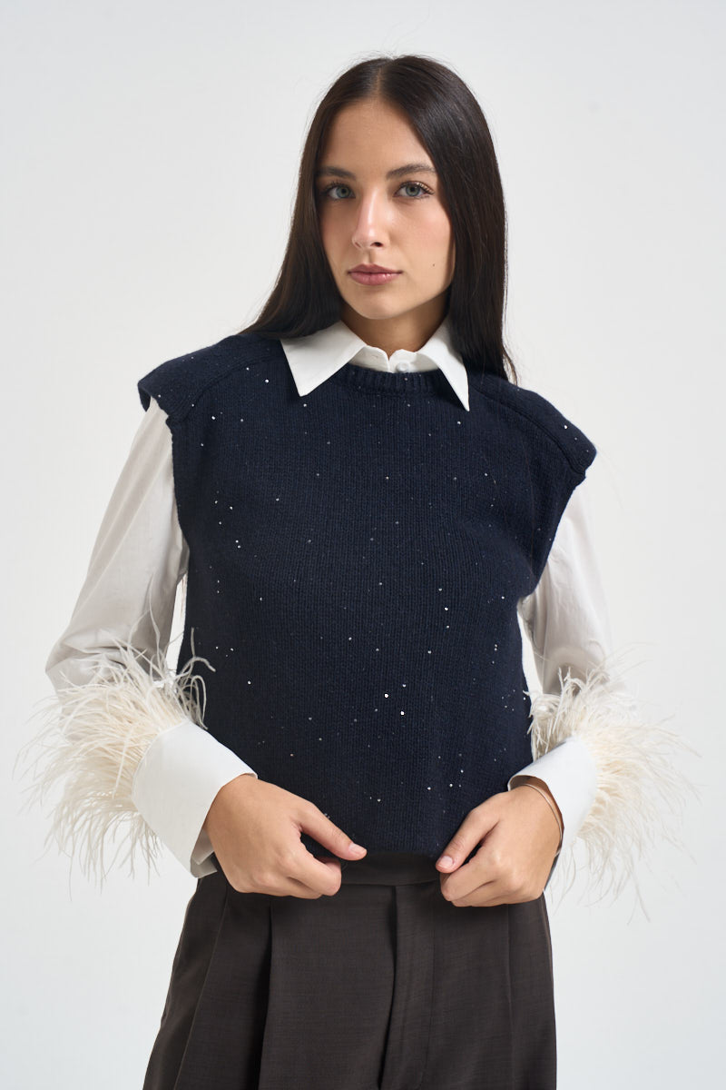 Gilet donna con micropaillettes blu notte L6WC91 N08Z1 LIVIANA CONTI 