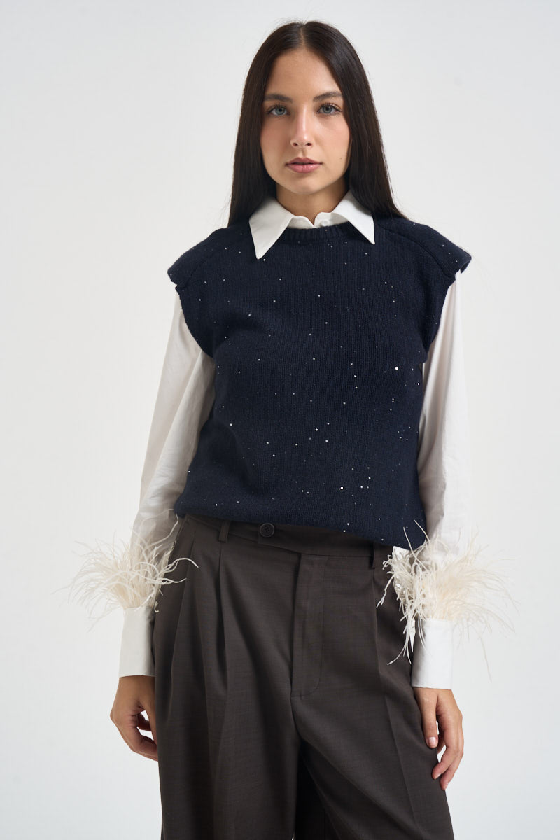 Gilet donna con micropaillettes blu notte L6WC91 N08Z1 LIVIANA CONTI 