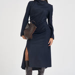 Abito donna midi con arricciatura e spacco blu notte L6WN20 N08 LIVIANA CONTI 