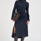 Abito donna midi con arricciatura e spacco blu notte L6WN20 N08 LIVIANA CONTI 