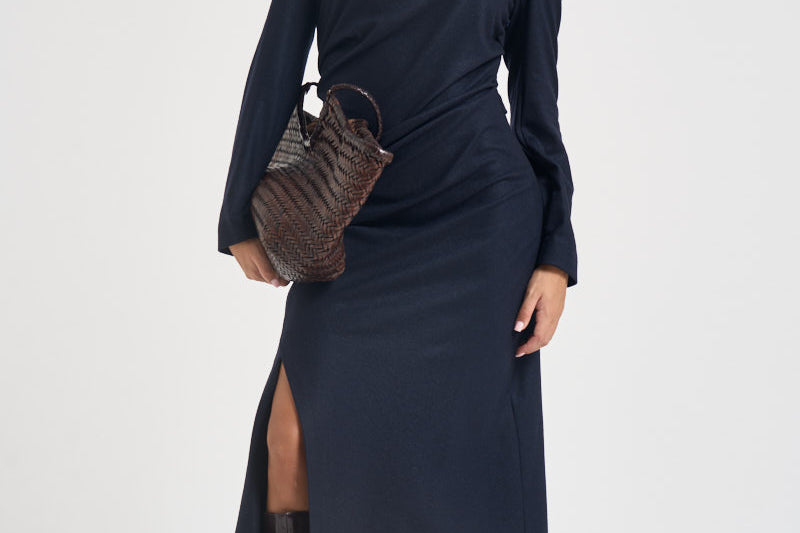 Abito donna midi con arricciatura e spacco blu notte L6WN20 N08 LIVIANA CONTI 