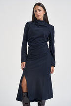 Abito donna midi con arricciatura e spacco blu notte L6WN20 N08 LIVIANA CONTI 