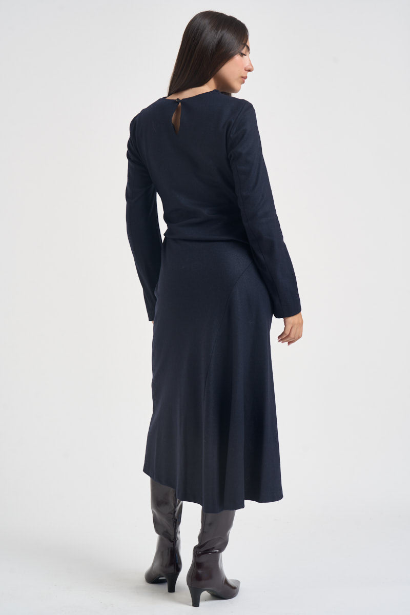 Abito donna midi con arricciatura e spacco blu notte L6WN20 N08 LIVIANA CONTI 