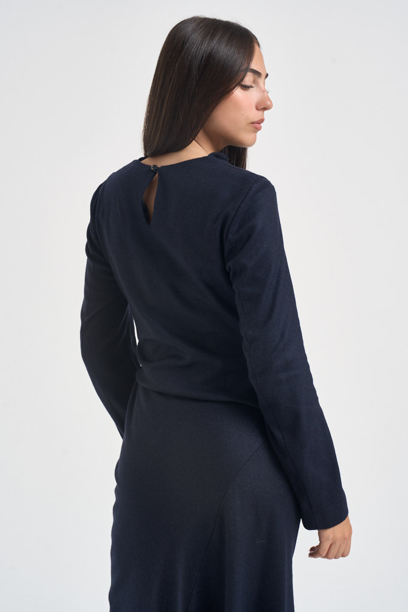 Abito donna midi con arricciatura e spacco blu notte L6WN20 N08 LIVIANA CONTI 