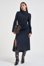 Abito donna midi con arricciatura e spacco blu notte L6WN20 N08 LIVIANA CONTI 