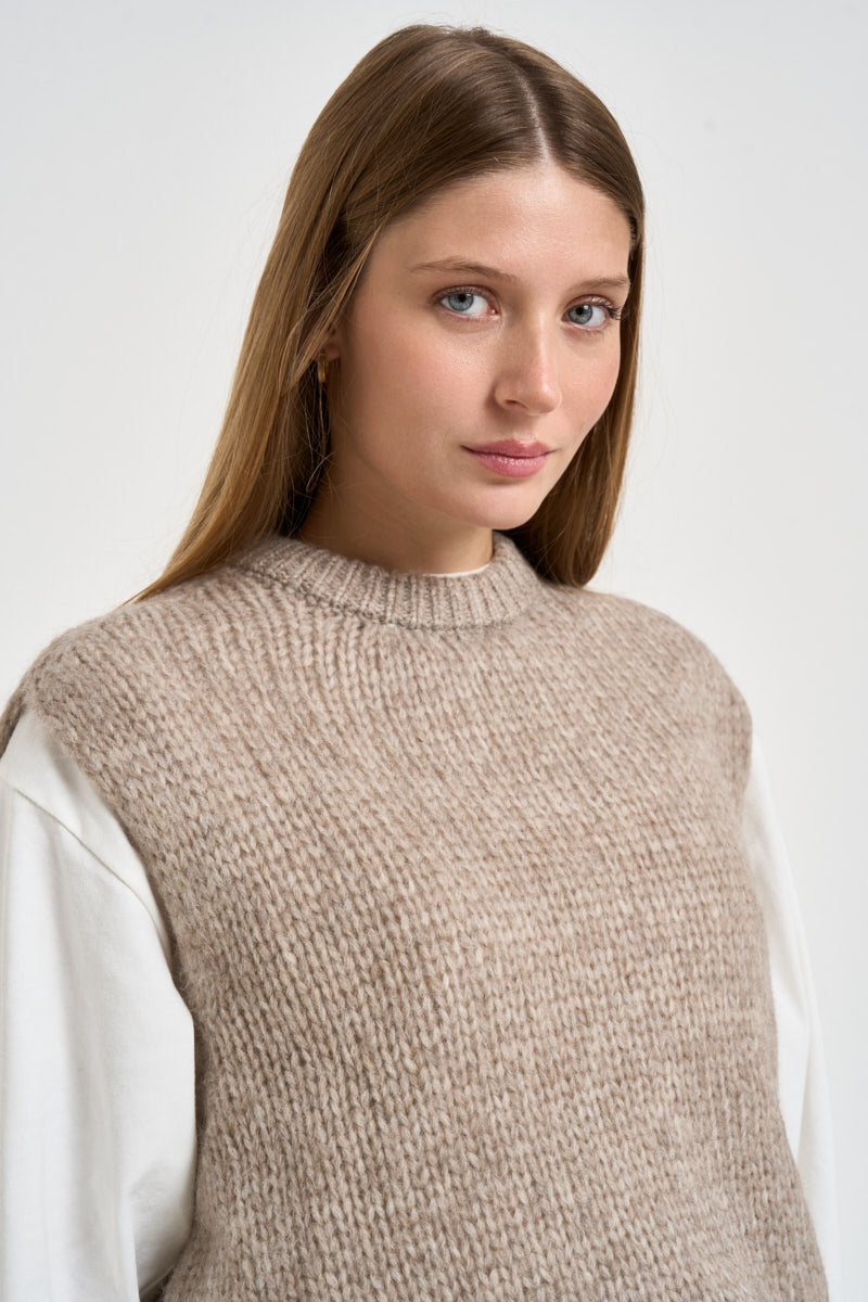 Gilet donna in maglia girocollo beige mélange POVP01 BEIGE MARZIANOBELLO 