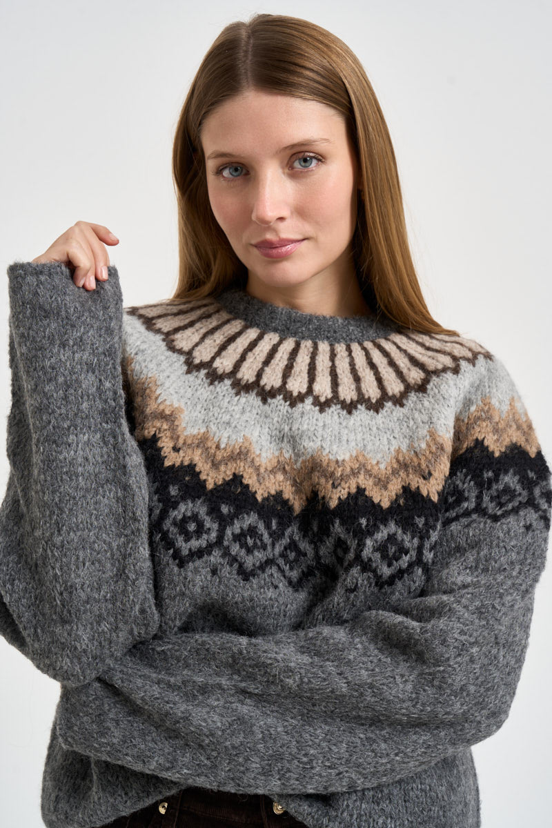 Maglione donna girocollo grigio fantasia jacquard multicolor SW04 DARK GREY MARZIANOBELLO 