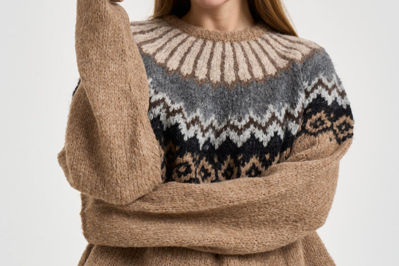 Maglione donna girocollo fantasia jacquard multicolor cammello SW05 CAMEL MARZIANOBELLO 