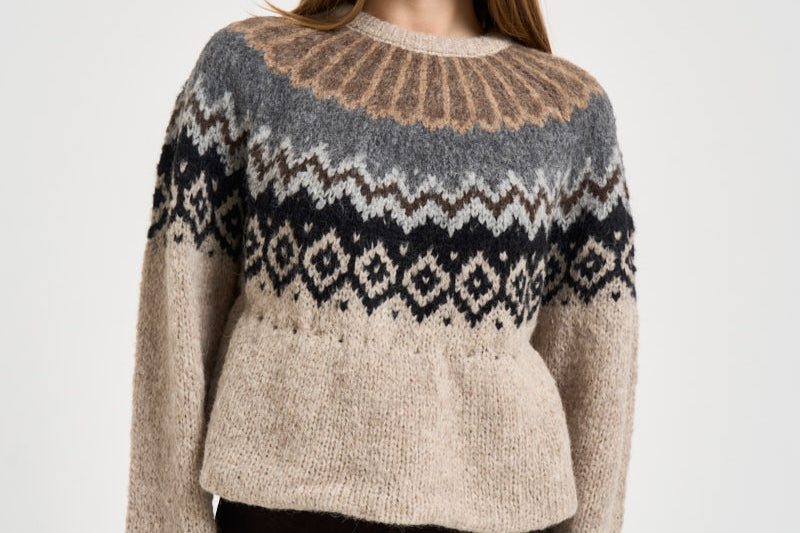 Maglione donna girocollo fantasia jacquard multicolor beige SW05 LIGHT BEIGE MARZIANOBELLO 