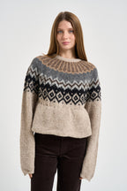 Maglione donna girocollo fantasia jacquard multicolor beige SW05 LIGHT BEIGE MARZIANOBELLO 