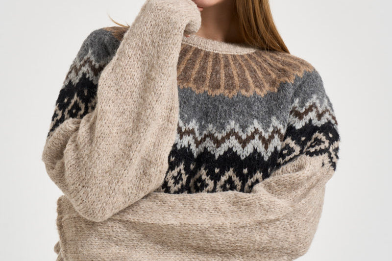 Maglione donna girocollo fantasia jacquard multicolor beige SW05 LIGHT BEIGE MARZIANOBELLO 