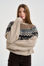Maglione donna girocollo fantasia jacquard multicolor beige SW05 LIGHT BEIGE MARZIANOBELLO 
