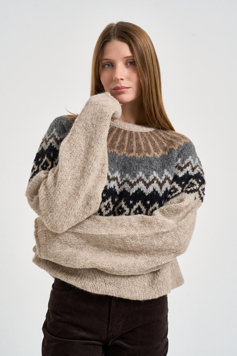 Maglione donna girocollo fantasia jacquard multicolor beige SW05 LIGHT BEIGE MARZIANOBELLO 