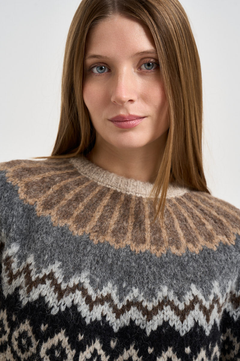 Maglione donna girocollo fantasia jacquard multicolor beige SW05 LIGHT BEIGE MARZIANOBELLO 