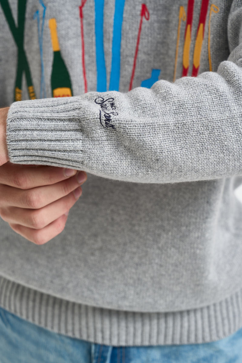 Maglione uomo girocollo stampa scii multicolor grigio BOMBARDINOLIGHT 02382M MC2 SAINT BARTH 