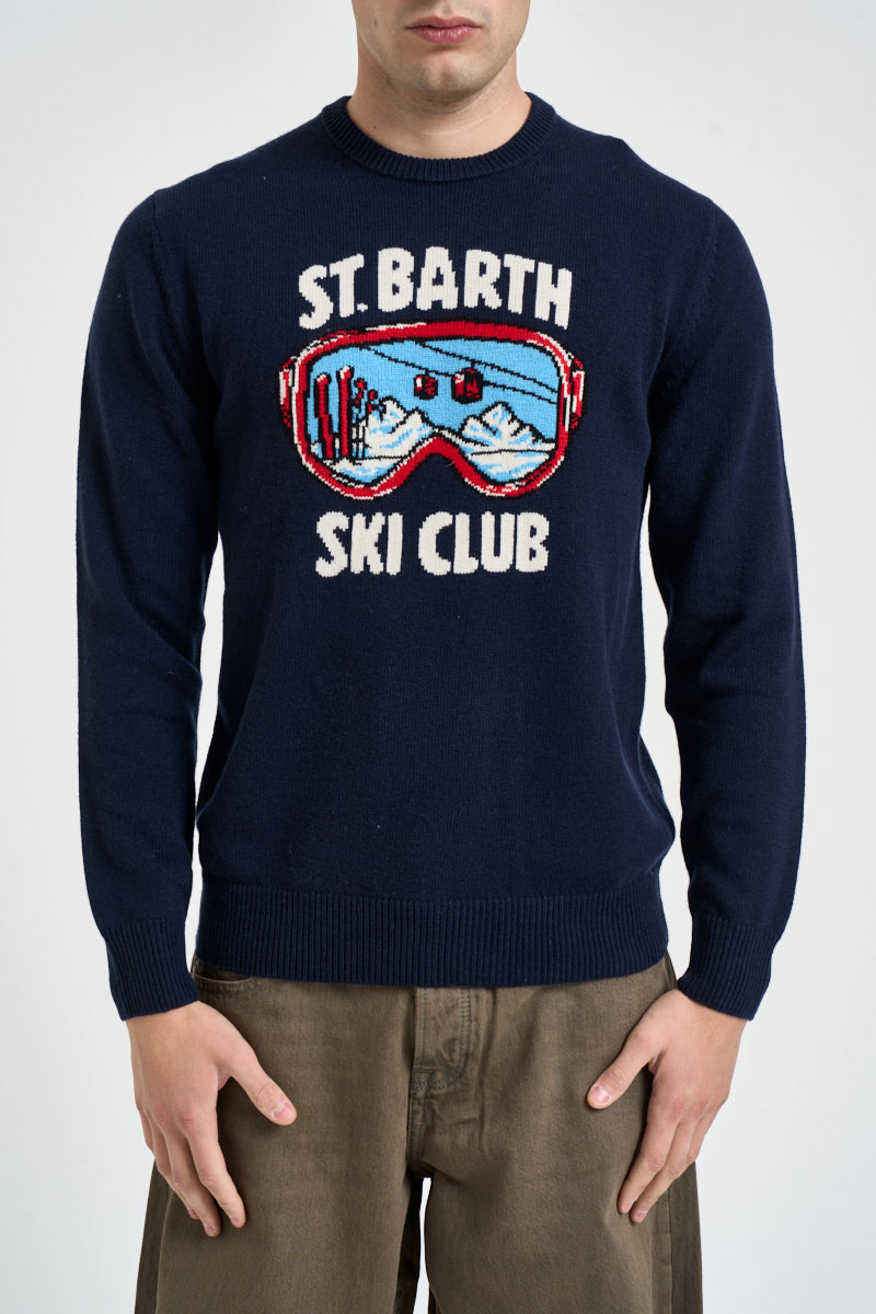 Maglione uomo girocollo con stampa montagna blu navy HERON 03519M MC2 SAINT BARTH 
