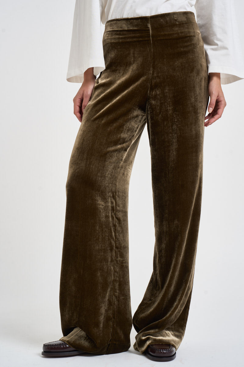 Pantalone donna palazzo in velluto marrone oliva D233038 RAVEL064 P.a.r.o.s.h. 