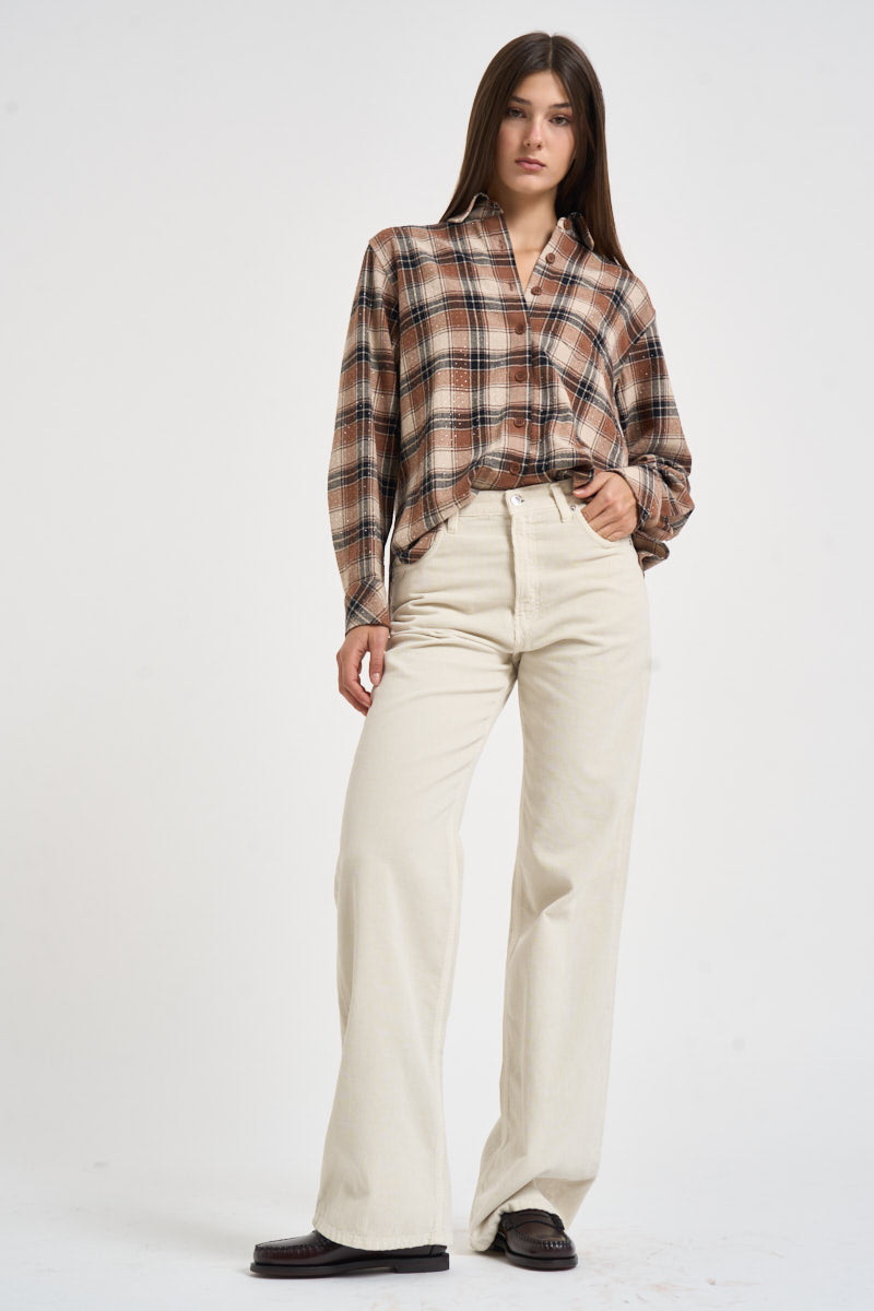 Camicia donna con strass a quadri marrone e beige D380669 COWBOY808 P.a.r.o.s.h. 