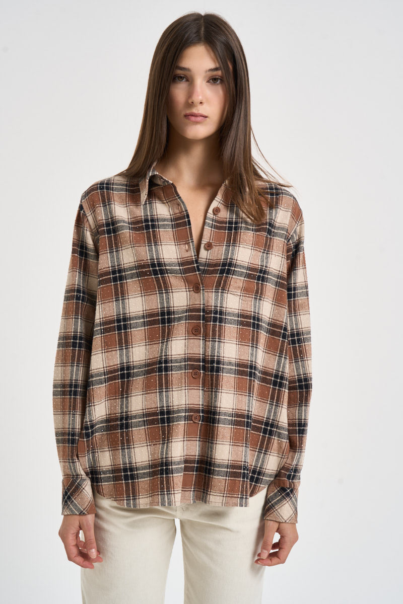 Camicia donna con strass a quadri marrone e beige D380669 COWBOY808 P.a.r.o.s.h. 