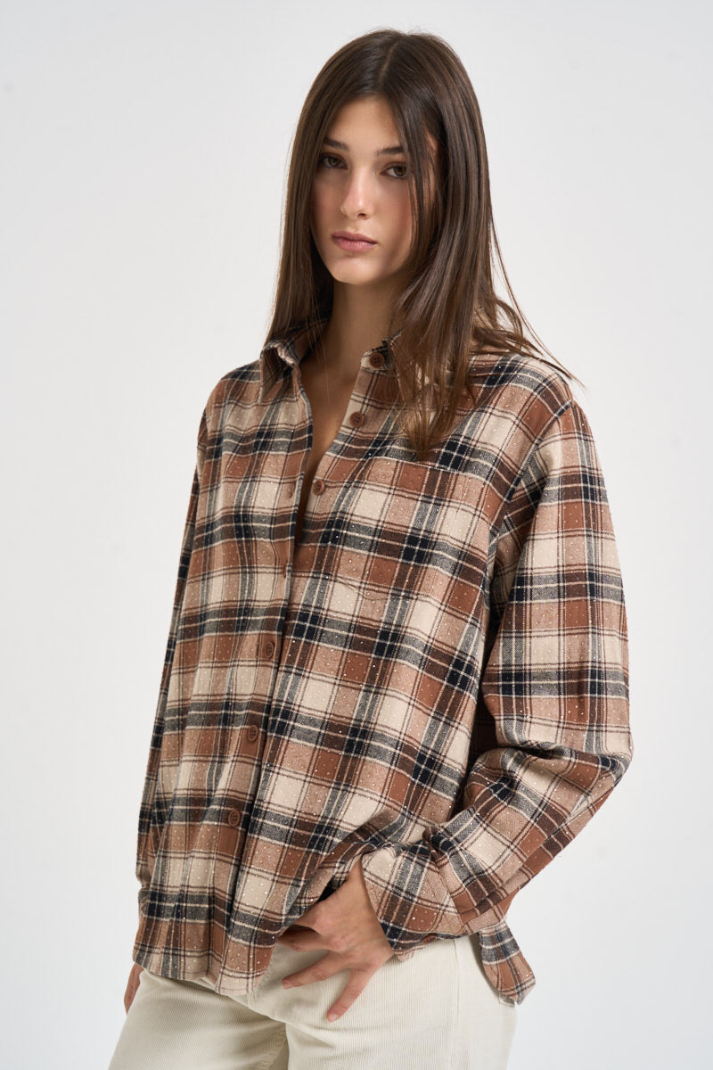 Camicia donna con strass a quadri marrone e beige D380669 COWBOY808 P.a.r.o.s.h. 