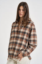 Camicia donna con strass a quadri marrone e beige D380669 COWBOY808 P.a.r.o.s.h. 