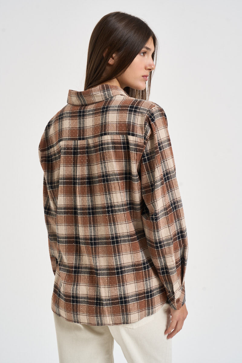 Camicia donna con strass a quadri marrone e beige D380669 COWBOY808 P.a.r.o.s.h. 