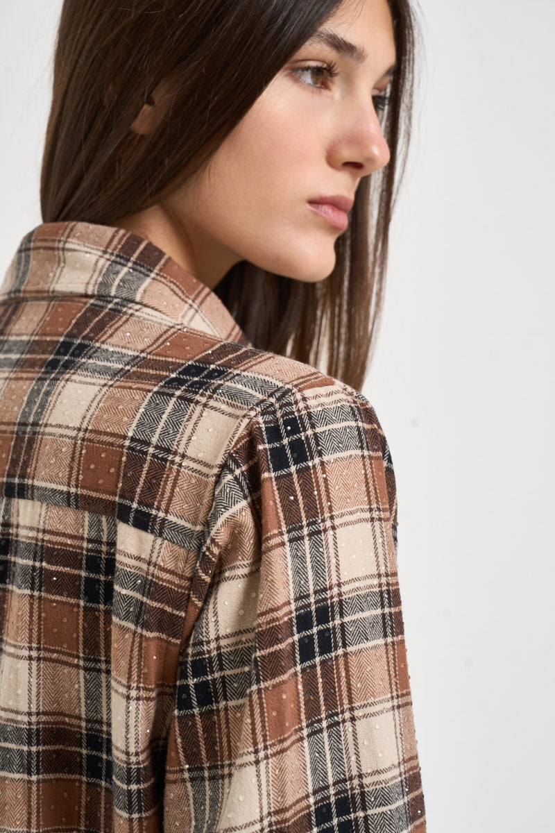Camicia donna con strass a quadri marrone e beige D380669 COWBOY808 P.a.r.o.s.h. 