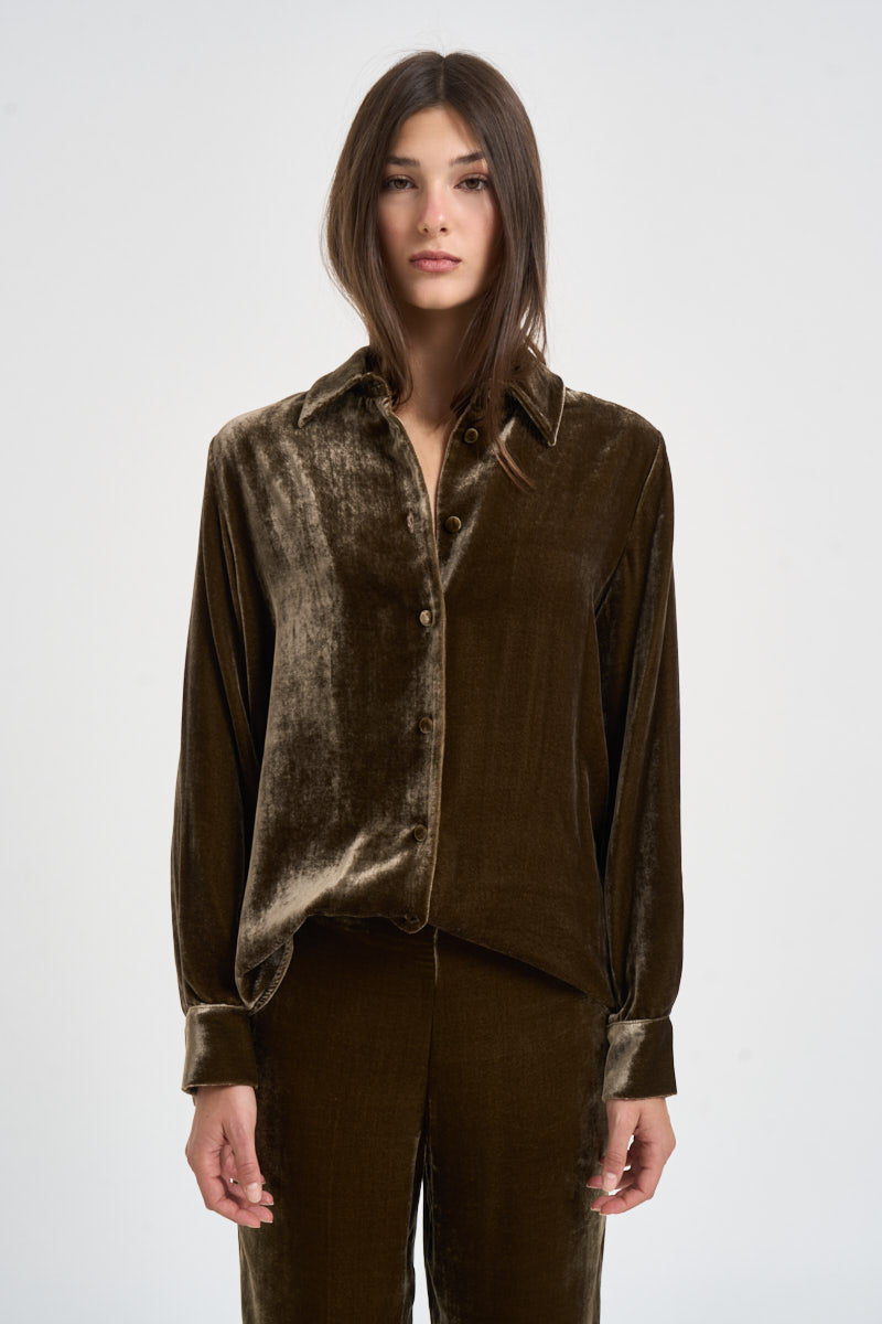 Camicia donna in velluto marrone oliva D381325 RAVEL064 P.a.r.o.s.h. 
