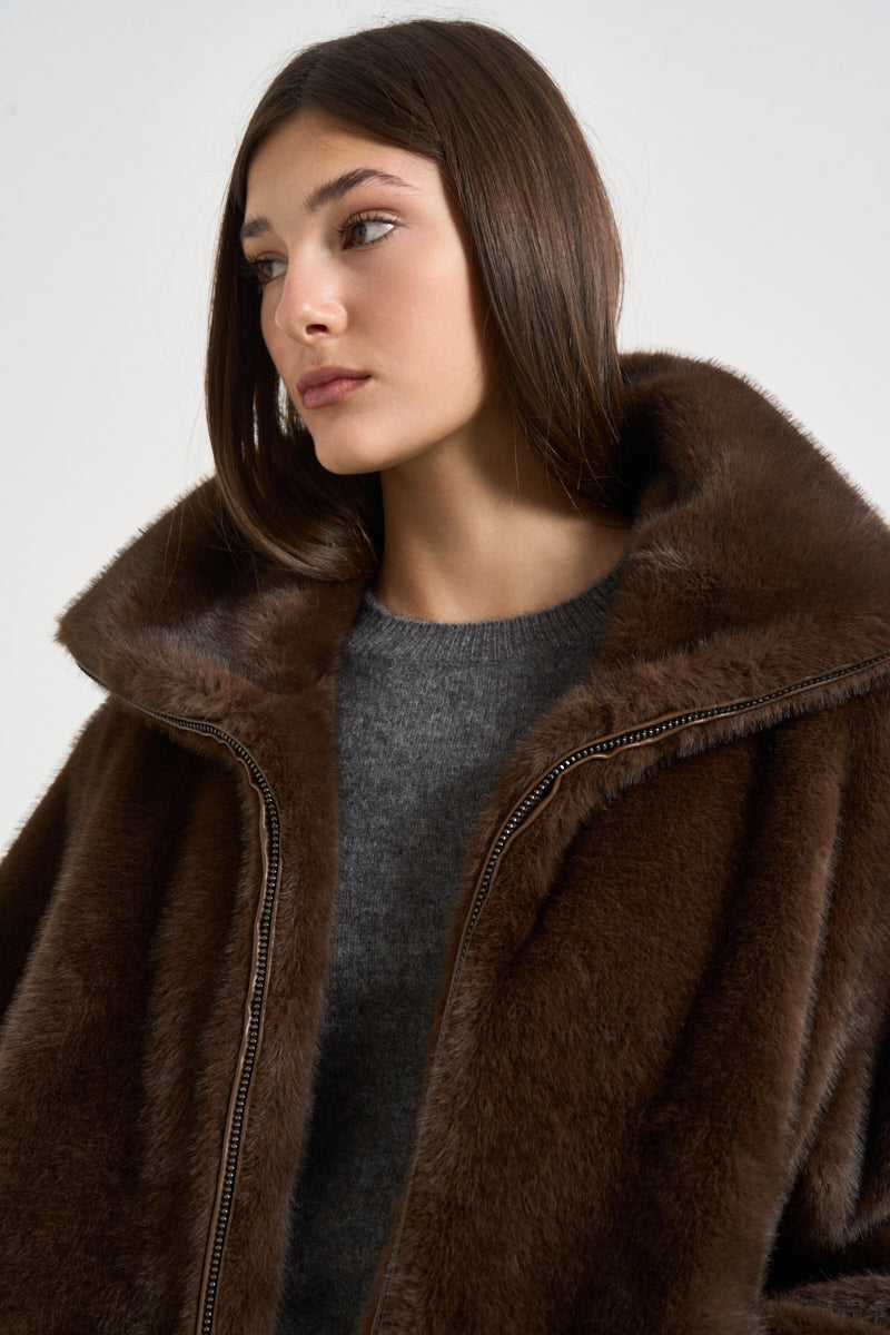 Giacca donna corta in ecopelliccia marrone D431913 PULSE26808 P.a.r.o.s.h. 