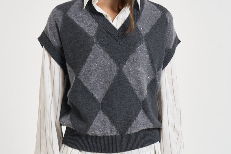 Gilet donna in maglia a rombi grigio antracite A99226F07 A9340A72 PESERICO 