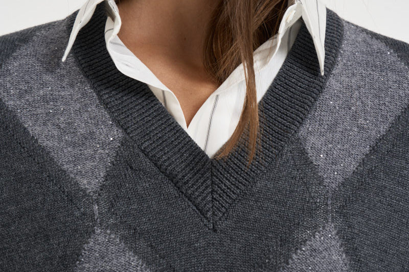 Gilet donna in maglia a rombi grigio antracite A99226F07 A9340A72 PESERICO 
