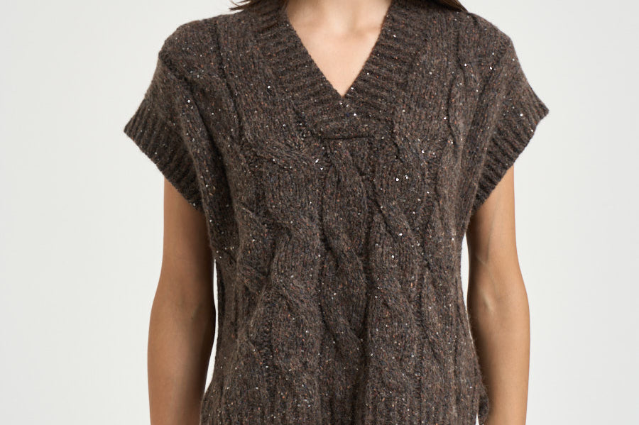 Gilet donna a trecce marrone mélange S99511F03 B9202B52 PESERICO 