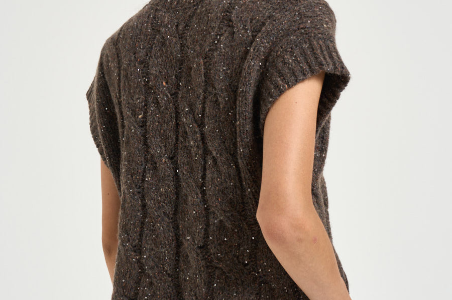 Gilet donna a trecce marrone mélange S99511F03 B9202B52 PESERICO 