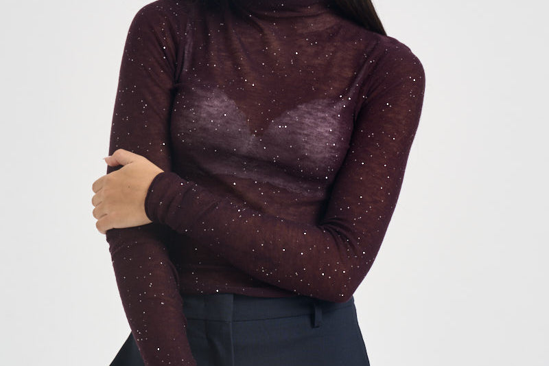 Maglia donna a collo alto e micro paillettes bordeaux 105821 A2PM MOSSW63 PINKO 