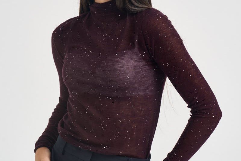 Maglia donna a collo alto e micro paillettes bordeaux 105821 A2PM MOSSW63 PINKO 