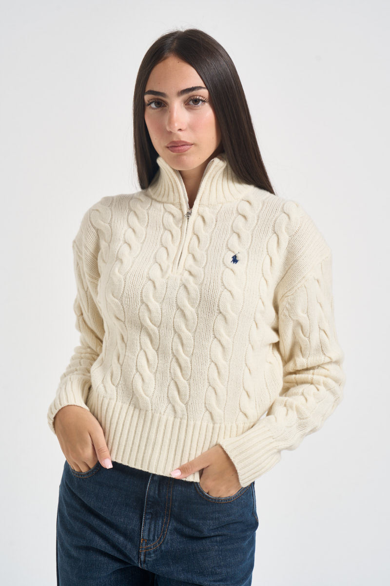 Pullover donna collo alto con zip panna 211972130 003 RALPH LAUREN 