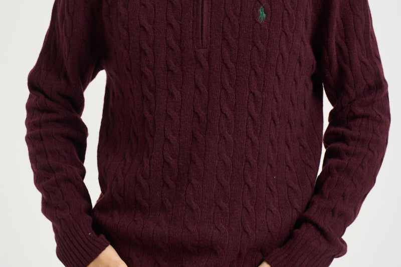 Maglia uomo a trecce mezza zip bordeaux 710876766 007 RALPH LAUREN 