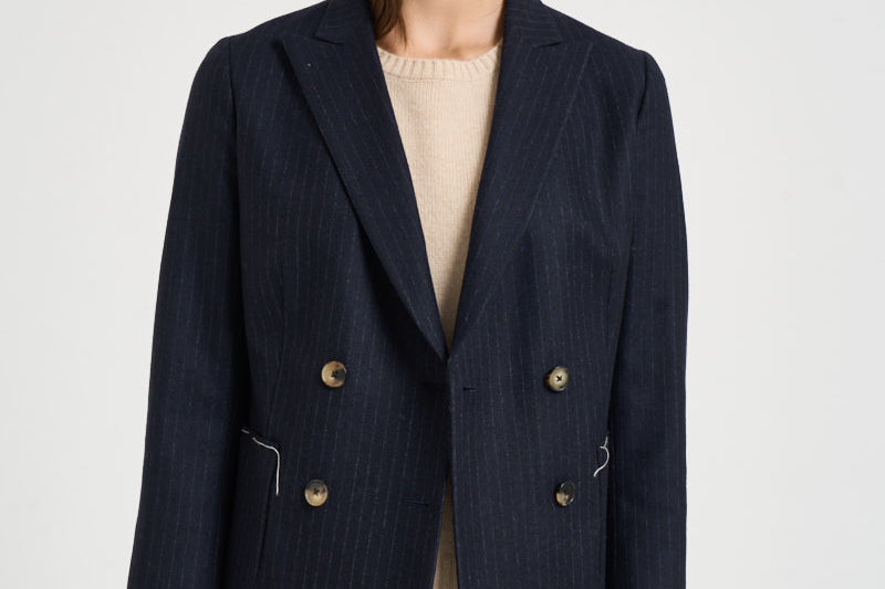 Giacca donna doppiopetto gessata blu navy ASSUNTA SAG0221BLU SAULINA 