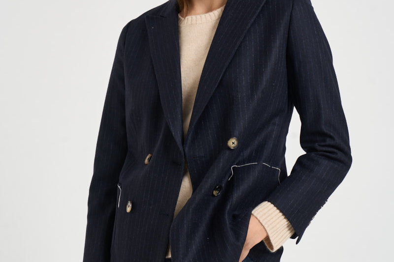 Giacca donna doppiopetto gessata blu navy ASSUNTA SAG0221BLU SAULINA 
