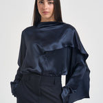 Blusa donna satinata con drappeggio blu navy S6WM56 N12 SEMICOUTURE 