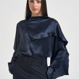 Blusa donna satinata con drappeggio blu navy S6WM56 N12 SEMICOUTURE 