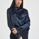 Blusa donna satinata con drappeggio blu navy S6WM56 N12 SEMICOUTURE 